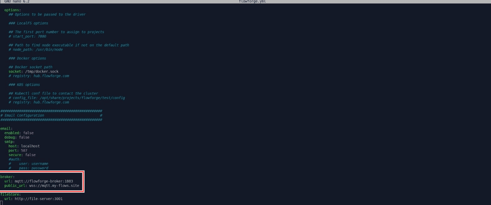 Screenshot of the terminal showing the update made in 'broker's public_url' in the `flowforge.yml` file for SSL configuration "Screenshot of the terminal showing the update made in 'broker's public_url' in the `flowforge.yml` file for SSL configuration"