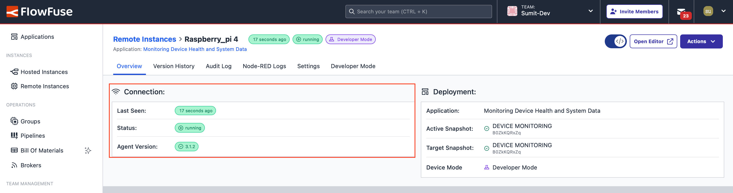 Status of the remote instance in FlowFuse, showing its connection and operational state
