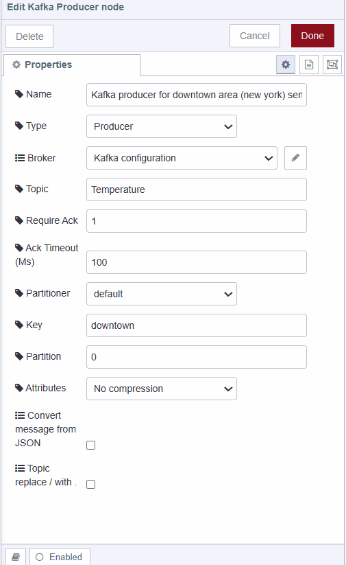 "Screenshot showing kafka producer configuration"